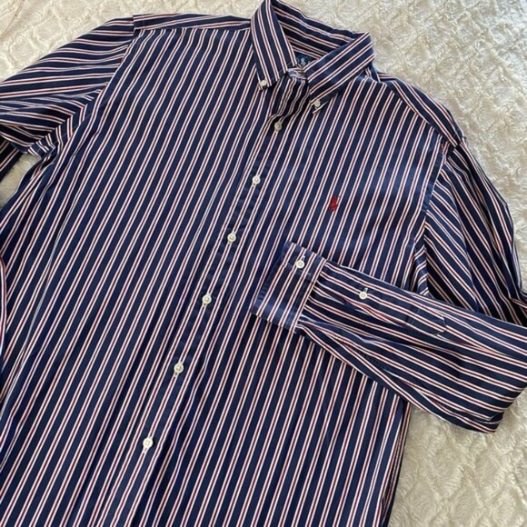 Ralph Lauren Red‎ White Blue Striped Buttondown Longsleeved Large L Shirt - Picture 1 of 5